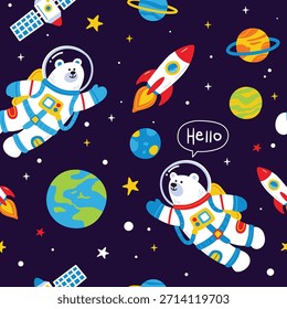 Ursos astronautas bonitos explorando o cosmos com foguetes e planetas 