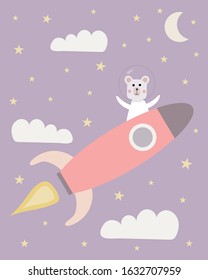Cute astronaut bears on a space rocket with clouds, stars and the moon as a background