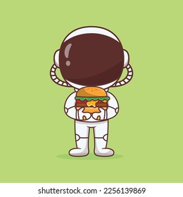 Cute astronaut with big burger cartoon illustration