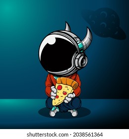 CUTE ASTRONAUT WITH BIG SLICE PIZZA IN THE SPACE