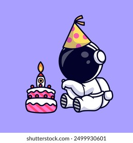 Cute Astronaut With Birthday Cake Cartoon Vector Icon Illustration. Science Holiday Icon Concept Isolated Premium Vector. Flat Cartoon Style
