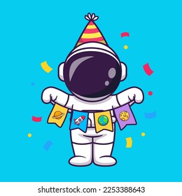 Cute Astronaut Birthday Party With Confetti Cartoon Vector Icon Illustration. Science Holiday Icon Concept Isolated Premium Vector. Flat Cartoon Style