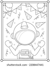 Cute astronaut birthday suitable for children's coloring page vector illustration