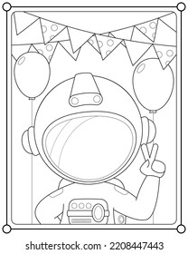 Cute astronaut birthday suitable for children's coloring page vector illustration