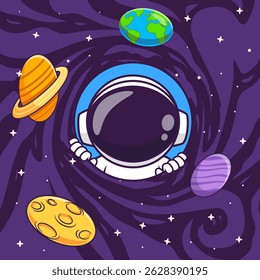Cute Astronaut In Black Hole Space Cartoon Vector Icon Illustration. Science Technology Icon Concept Isolated Premium Vector. Flat Cartoon Style