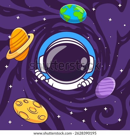 Cute Astronaut In Black Hole Space Cartoon Vector Icon Illustration. Science Technology Icon Concept Isolated Premium Vector. Flat Cartoon Style