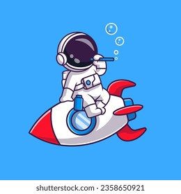 Cute Astronaut Blowing Balloon On Rocket Cartoon Vector Icon Illustration. Science Technology Icon Concept Isolated Premium Vector. Flat Cartoon Style
