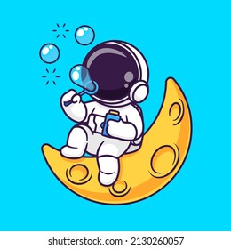 Cute Astronaut Blowing Bubble On Moon Cartoon Vector Icon Illustration. Science Technology Icon Concept Isolated Premium Vector. Flat Cartoon Style