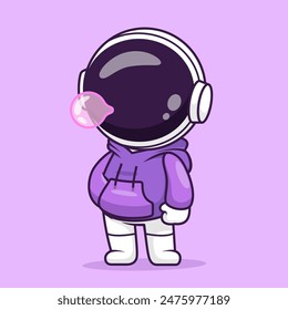 Cute Astronaut Blowing Gum With Hoodie Cartoon Vector Icon Illustration. Science Fashion Icon Concept Isolated Premium Vector. Flat Cartoon Style