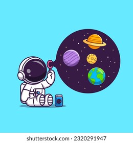 Cute Astronaut Blowing Planet and Moon Bubble Space Cartoon Vector Icon Illustration. Science Technology Icon Concept Isolated Premium Vector. Flat Cartoon Style