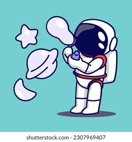 Cute astronaut blowing soap bubbles. Vector illustration in cartoon style.