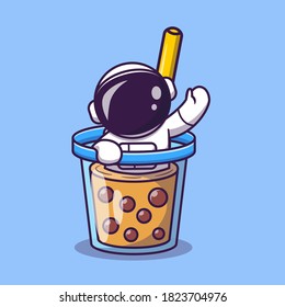 Cute Astronaut In Boba Milk Tea Cup Cartoon Vector Icon Illustration. Space Food And Drink Icon Concept Isolated Premium Vector. Flat Cartoon Style