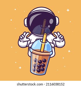 Cute Astronaut With Boba Milk Tea Cartoon Vector Icon Illustration. Science Food Icon Concept Isolated Premium Vector. Flat Cartoon Style