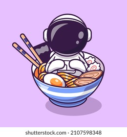 Cute Astronaut In Bowl Of Ramen Noodle Cartoon Vector Icon Illustration. Science Food Icon Concept Isolated Premium Vector. Flat Cartoon Style