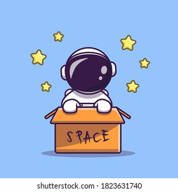 Cute Astronaut In Box Cartoon Vector Icon Illustration. Science Technology Icon Concept Isolated Premium Vector. Flat Cartoon Style