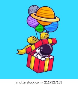 Cute Astronaut In Box Floating With Planet Balloon Cartoon Vector Icon Illustration. Science Technology Icon Concept Isolated Premium Vector. Flat Cartoon Style