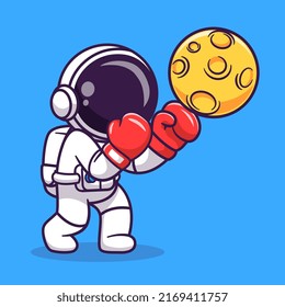 Cute Astronaut Boxing Moon Cartoon Vector Icon Illustration. Science Sport Icon Concept Isolated Premium Vector. Flat Cartoon Style