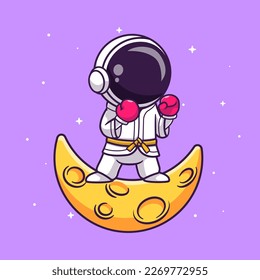 Cute Astronaut Boxing On Moon Cartoon Vector Icon Illustration. Science Sport Icon Concept Isolated Premium Vector. Flat Cartoon Style