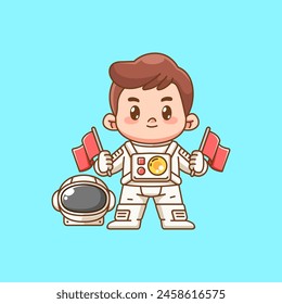 Cute astronauta niño sostiene la bandera kawaii chibi personaje mascota ilustración contorno estilo conjunto