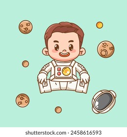 Niño astronauta lindo saltar en el espacio kawaii chibi personaje mascota ilustración esquema estilo diseño conjunto