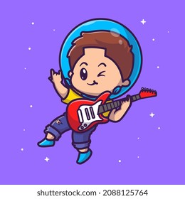Cute Astronaut Boy Playing Guitar Cartoon Vector Icon Illustration. People Music Icon Concept Isolated Premium Vector. Flat Cartoon Style
