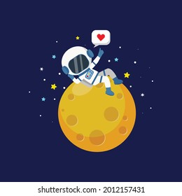 Cute astronaut boy relaxing on the moon. Flat vector cartoon design