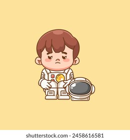 Cute astronauta chico triste kawaii chibi personaje mascota ilustración esquema estilo diseño conjunto