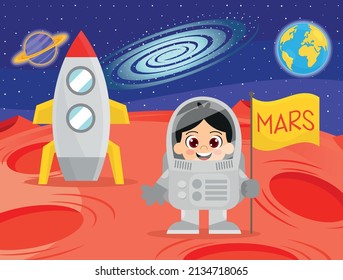 Cute astronaut boy and spaceship