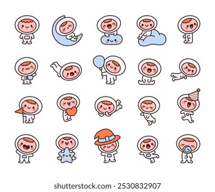 Cute astronaut boy in spacesuit. Cartoon space hero. Hand drawn style. Vector drawing. Collection of design elements.