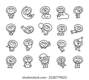 Cute astronaut boy in spacesuit. Coloring Page. Cartoon space hero. Hand drawn style. Vector drawing. Collection of design elements.