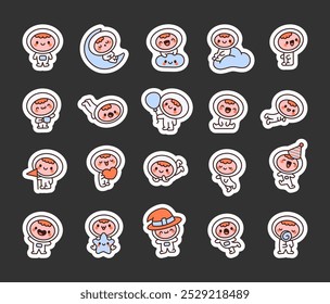 Cute astronaut boy in spacesuit. Sticker Bookmark. Cartoon space hero. Hand drawn style. Vector drawing. Collection of design elements.