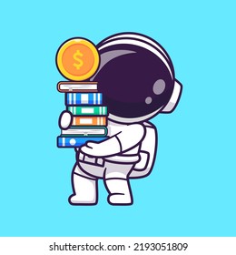 Cute Astronaut Bring Books With Gold Coin Cartoon Vector Icon Illustration Science Education Icon Concept Isolated Premium Vector. Flat Cartoon Style