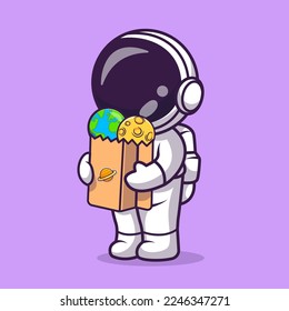 Cute Astronaut bringt Erde und Mond in Papier Tag Cartoon Vektorsymbol Illustration. Science Technology Icon Konzept isolierter Premium-Vektorgrafik. Flachbildkartonstil