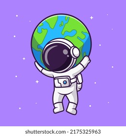 Cute Astronaut Bring Earth In Space Cartoon Vector Icon Illustration. Science Technology Icon Concept Isolated Premium Vector. Flat Cartoon Style