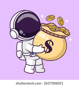Cute Astronaut Bring Gold Coin Bag Cartoon Vector Icon Illustration. Science Finance Icon Concept Isolated Premium Vector. Flat Cartoon Style