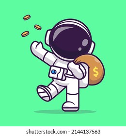 Cute Astronaut Bring Money Bag With Gold Coin Cartoon Vector Icon Illustration. Science Finance Icon Concept Isolated Premium Vector. Flat Cartoon Style