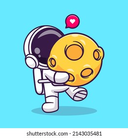 Cute Astronaut Bring Moon Cartoon Vector Icon Illustration. Science Technology Icon Concept Isolated Premium Vector. Flat Cartoon Style