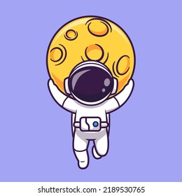 Cute Astronaut Bring Moon In Space Cartoon Vector Icon Illustration Science Technology Icon Concept Isolated Premium Vector. Flat Cartoon Style