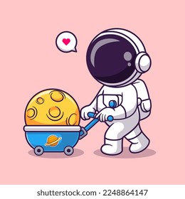 Cute Astronaut Bring Moon With Trolley Cartoon Vector Icon Illustration. Science Technology Icon Concept Isolated Premium Vector. Flat Cartoon Style