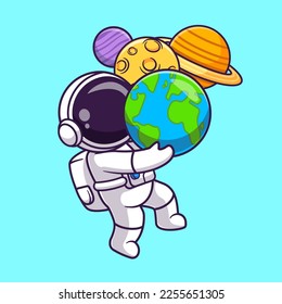 Cute Astronaut Bring Planet and Moon Cartoon Vector Icon Illustration. Science Technology Icon Concept Isolated Premium Vector. Flat Cartoon Style