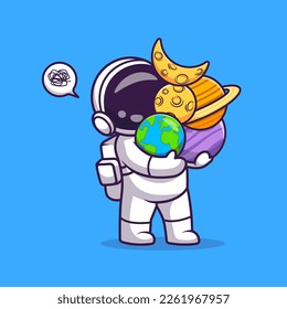 Cute Astronaut Bring Planet and Moon Cartoon Vector Icon Illustration. Science Technology Icon Concept Isolated Premium Vector. Flat Cartoon Style