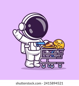 Astronauta Cuta Trae Planeta Y Luna Con Caricatura De Trole 
Ilustración de iconos vectores. Concepto de icono de la tecnología de la ciencia
Vector Premium aislado. Estilo de dibujo plano
