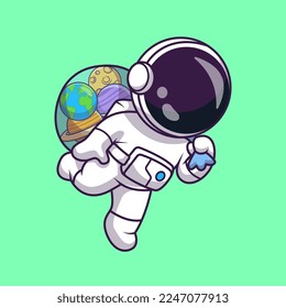 Cute Astronaut Bring Planet Space in Bag Cartoon Vector Icon Illustration. Science Technology Icon Concept Isolated Premium Vector. Flat Cartoon Style