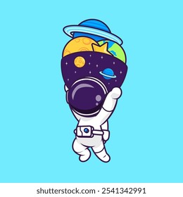 Süße Astronaut bringen Planet mit Space Bowl Cartoon Vektor Symbol Illustration. Science Technology Icon Concept Isolated Premium Vector. Flacher Cartoon-Stil