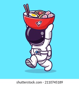 Cute Astronaut Bring Ramen Bowl Cartoon Vector Icon Illustration. Science Food Icon Concept Isolated Premium Vector. Flat Cartoon Style