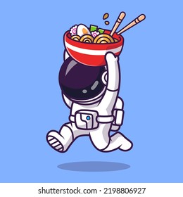 Cute Astronaut Bring Ramen Bowl Cartoon Vector Icon Illustration Science Food Icon Concept Isolated Premium Vector. Flat Cartoon Style