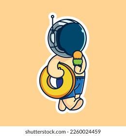 cute astronaut bring ring float with eat ice cream cartoon illustration