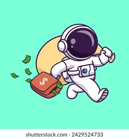 Cute Astronaut Bring Suitcase And Money Bag Cartoon Vector Icon Illustration. Science Finance Icon Concept Isolated Premium Vector. Flat Cartoon Style