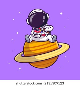 Cute Astronaut Brushing Shoes On Planet Cartoon Vector Icon Illustration. Science Technology Icon Concept Isolated Premium Vector. Flat Cartoon Style