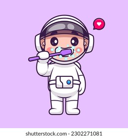 Cute Astronaut Bürsten Zähne Cartoon Vektorsymbol Illustration Science Healthy Icon Konzept isoliert Premium Vektorgrafik. Flachbildkartonstil